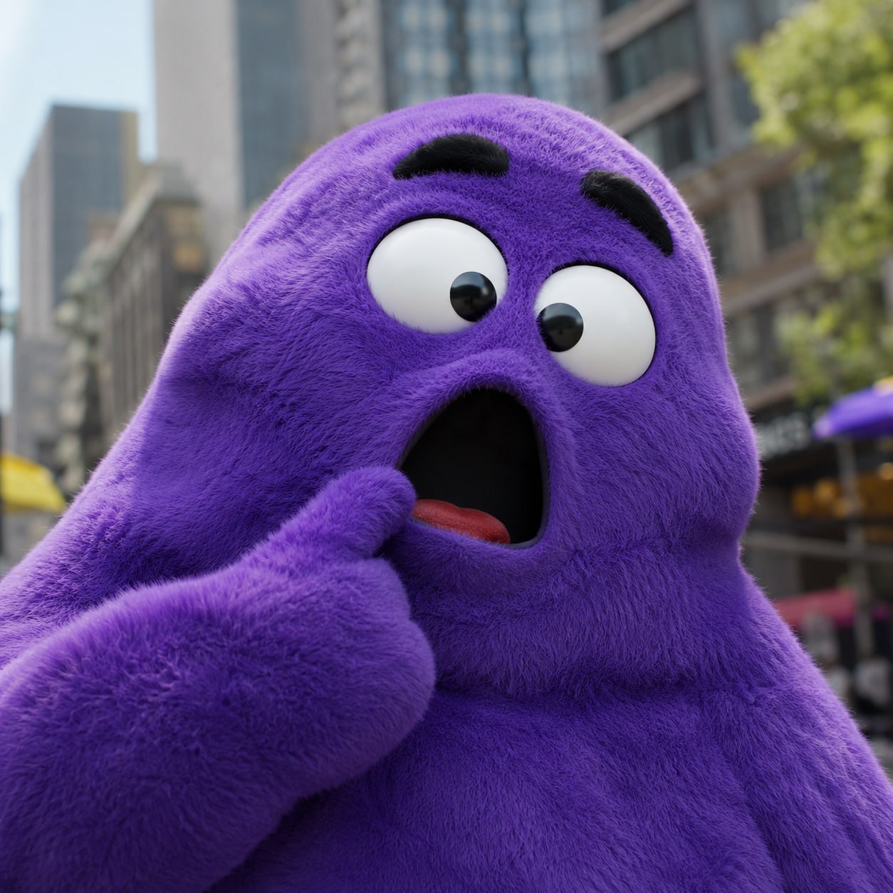 Grimace surprised in the city