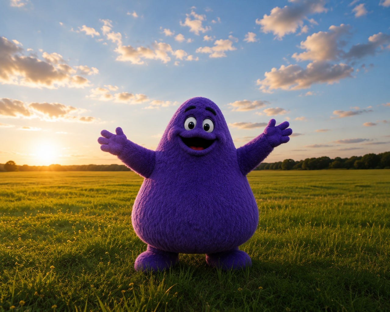 Grimace in a sunset field