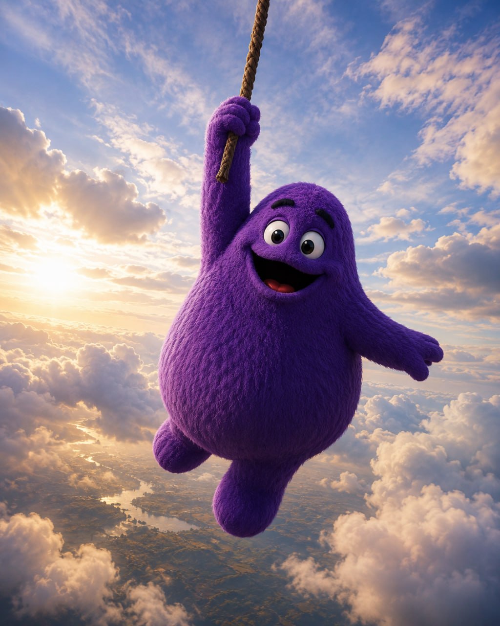Grimace flying through clouds